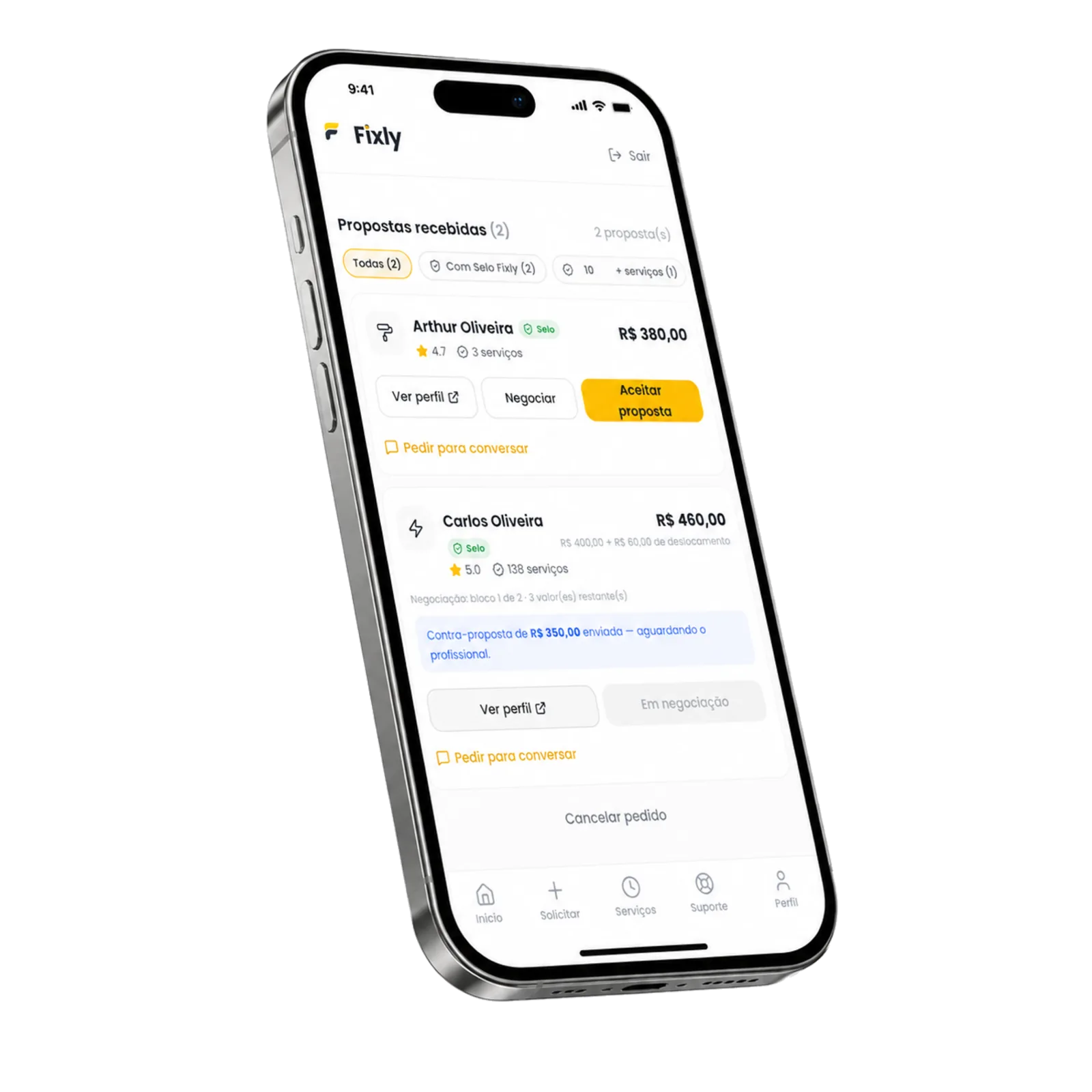Tela de propostas recebidas do app Fixly